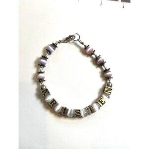 Custom "Kristen" Name Bracelet With Purple & White Beads Silver Accents Lobster